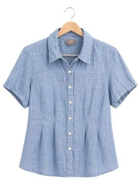 J Jill 100% Linen Button Up Top Large Blue Short Sleeves Coastal Beach Vacation
